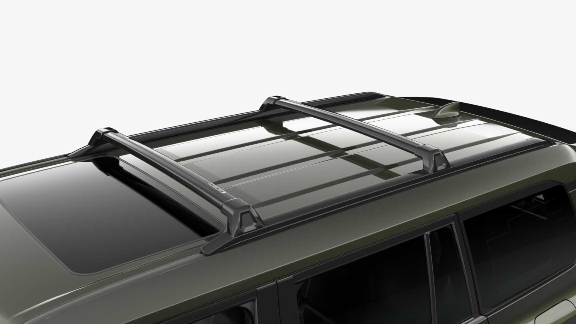 Close-up of Lexus GX roof fitted with optional solid roof rack accessory. 