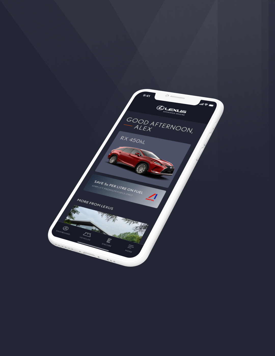 Lexus App appears on an Apple iPhone screen, on a dark blue background.