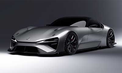 A low-slung, silver Lexus Electrified Sport concept car is shown from a front three-quarter view in a studio setting.
