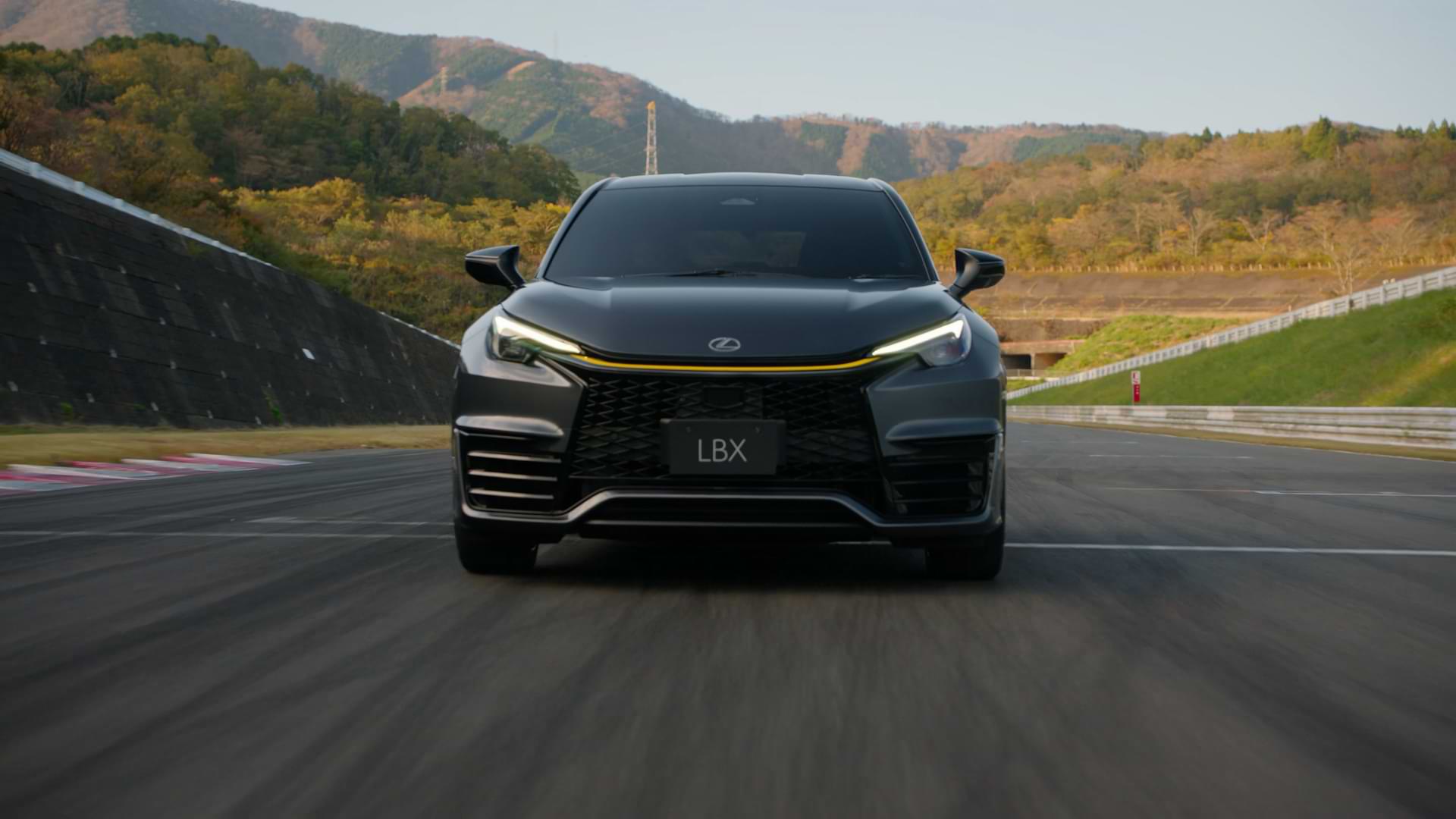 Black Lexus LBX Morizo RR concept model front view with mountains in the background