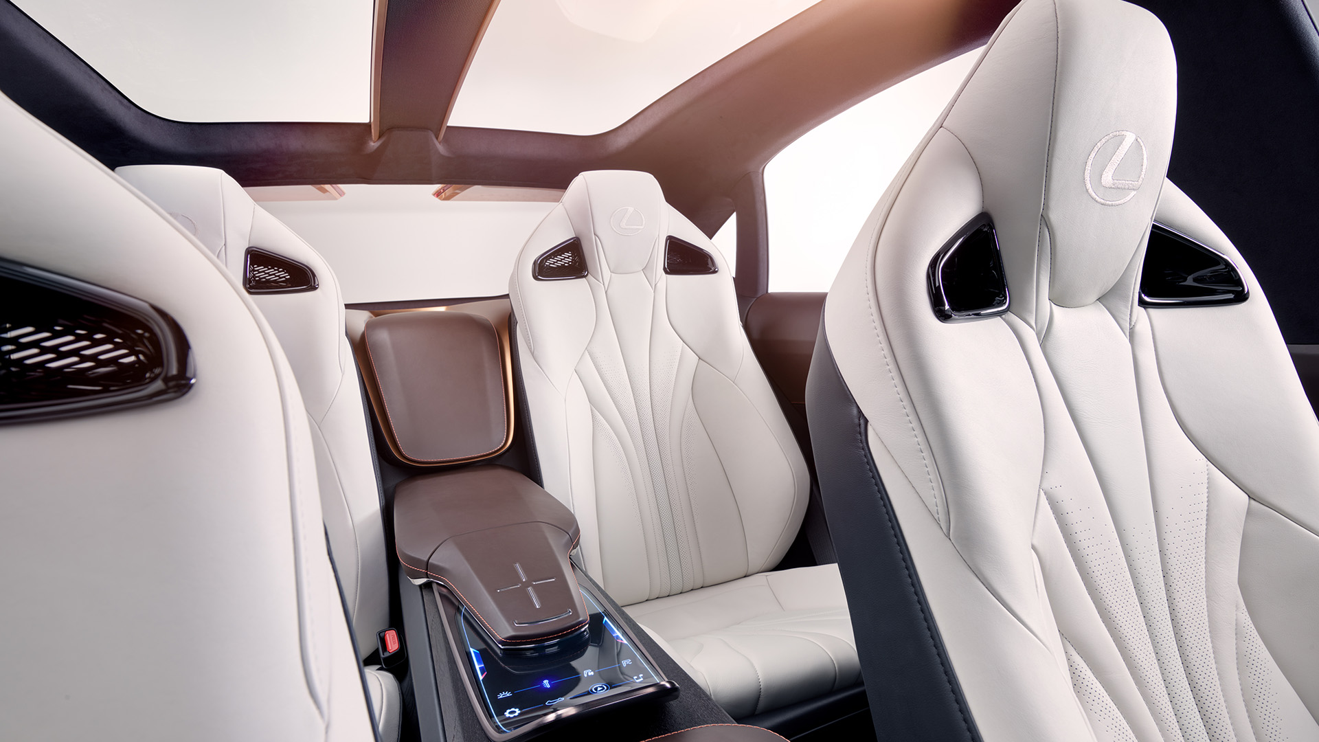 Luxurious white interior cabin of a Lexus LF-1 Limitless concept vehicle.