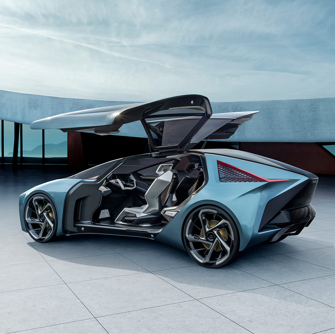 Lexus LF-30 Electrified Concept vehicle in blue displaying the passenger doors open