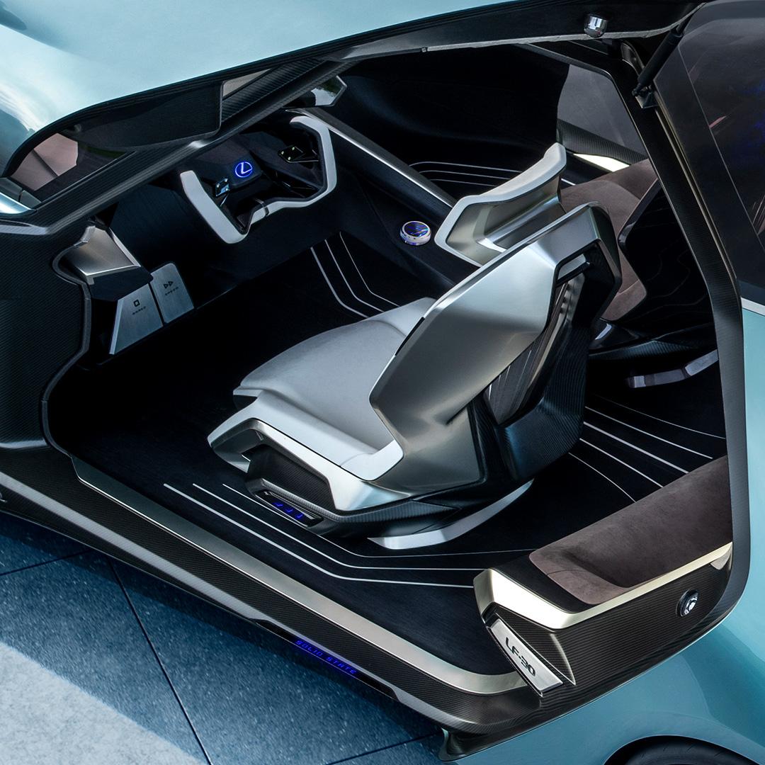 The interior cabin of the Lexus LF-30 Electrified Concept vehicle in blue