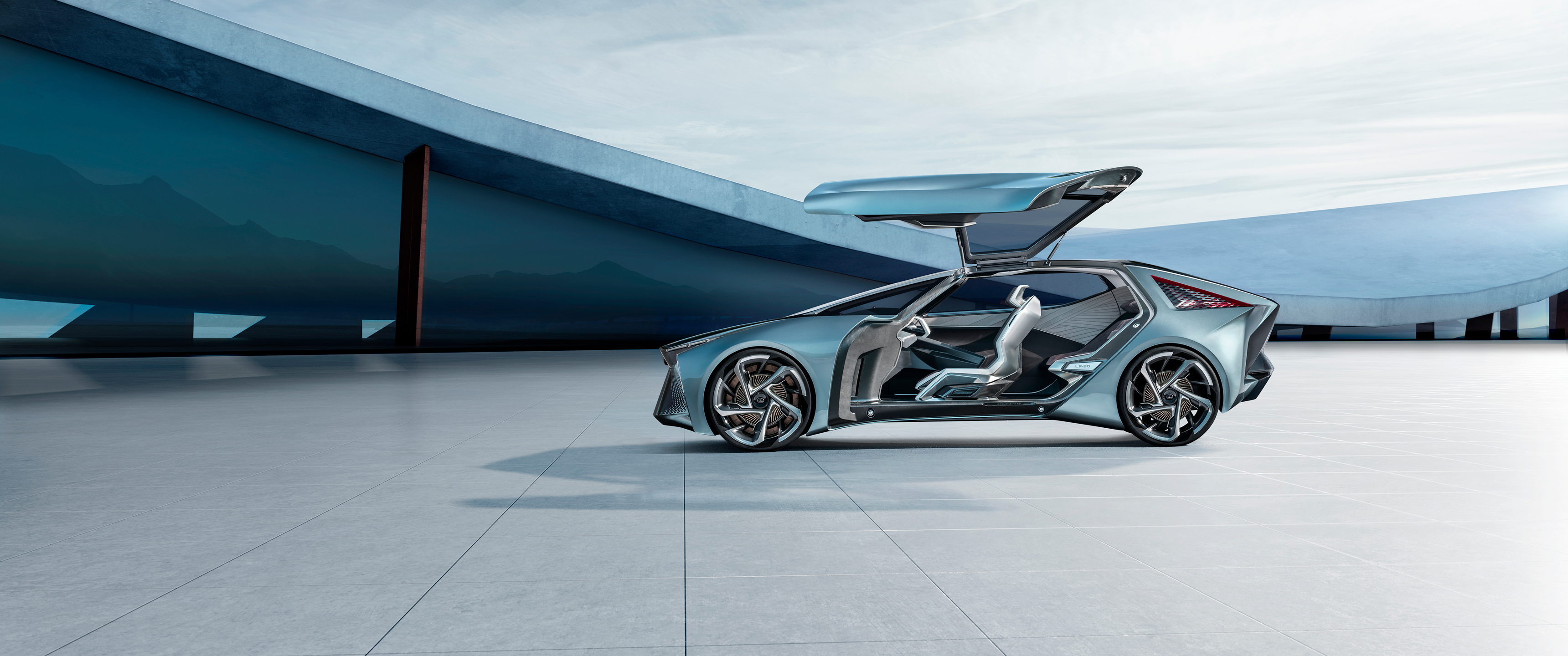 Lexus LF-30 Electrified Concept vehicle in blue with the doors open