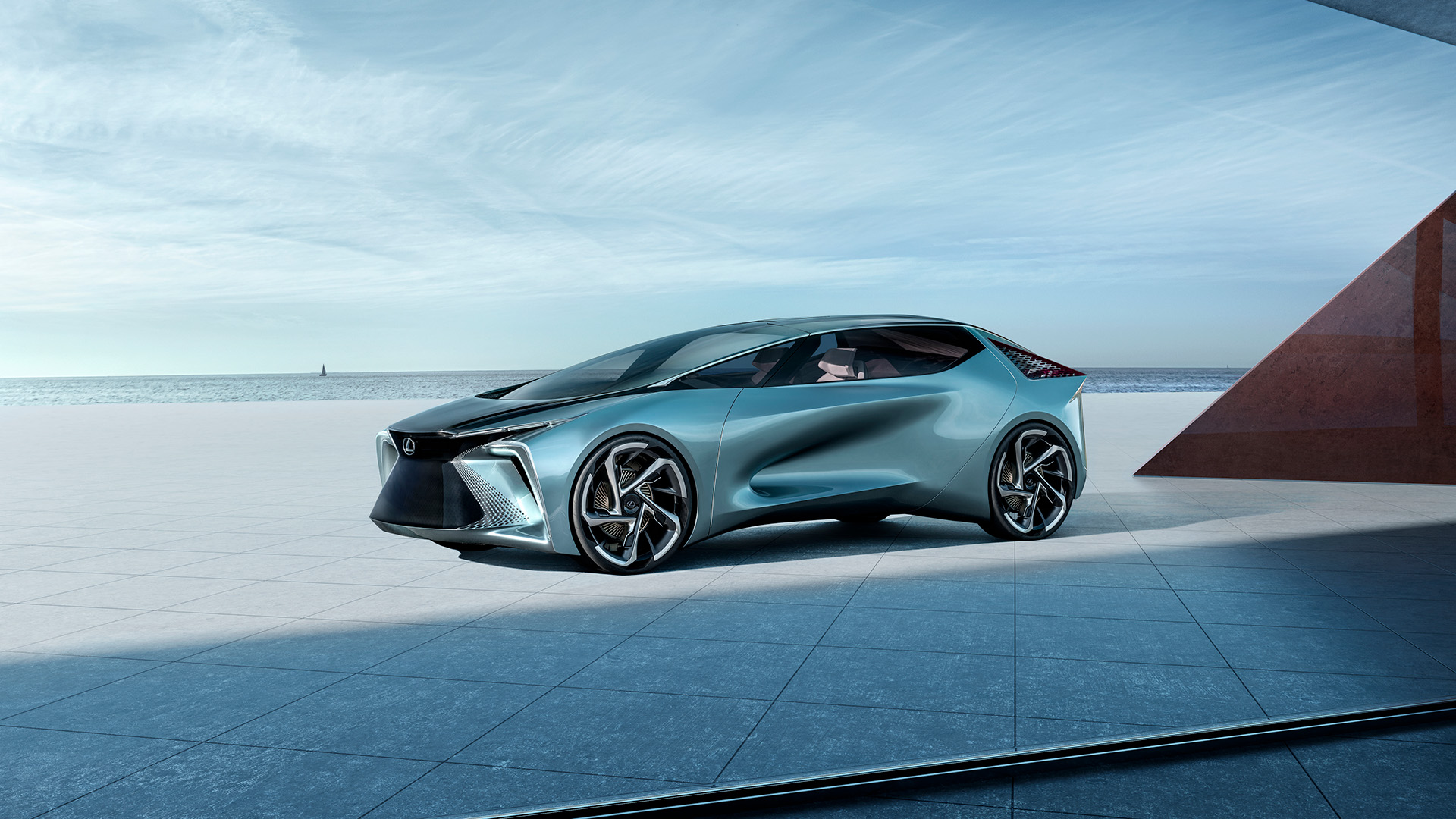 Lexus LF-30 Electrified Concept vehicle in blue parked on a shaded tile ground