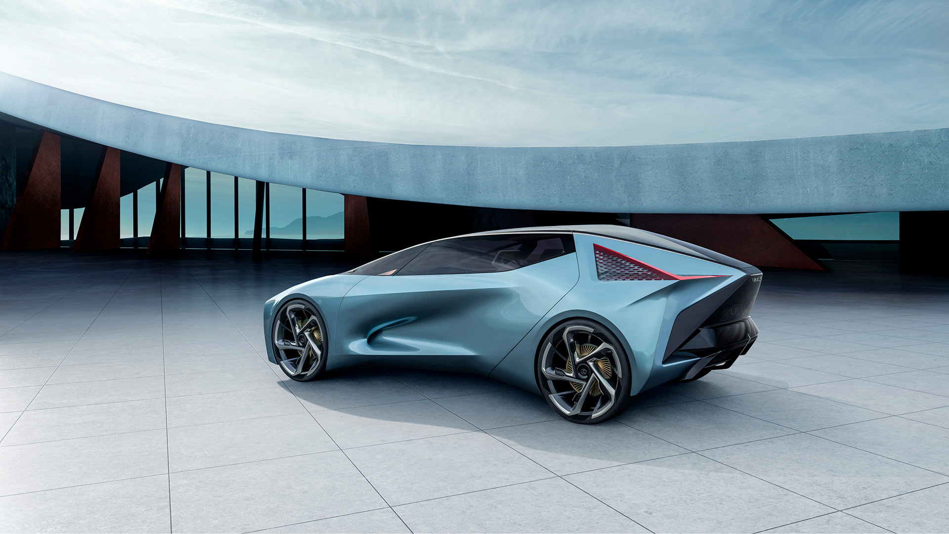 Lexus LF-30 Electrified Concept vehicle in blue parked in front of an architectural building