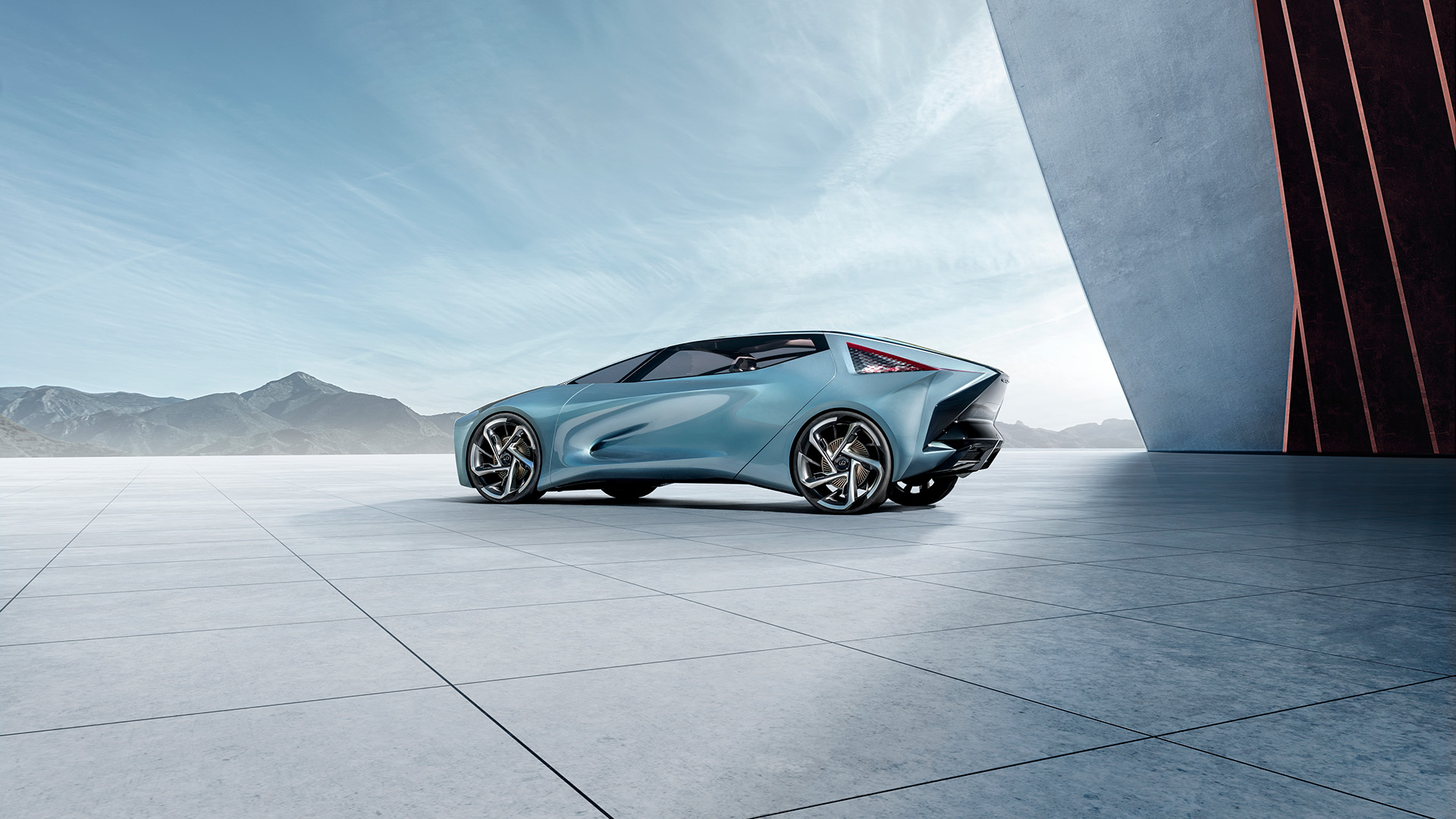 Lexus LF-30 Electrified Concept vehicle in blue parked in front of an architectural building