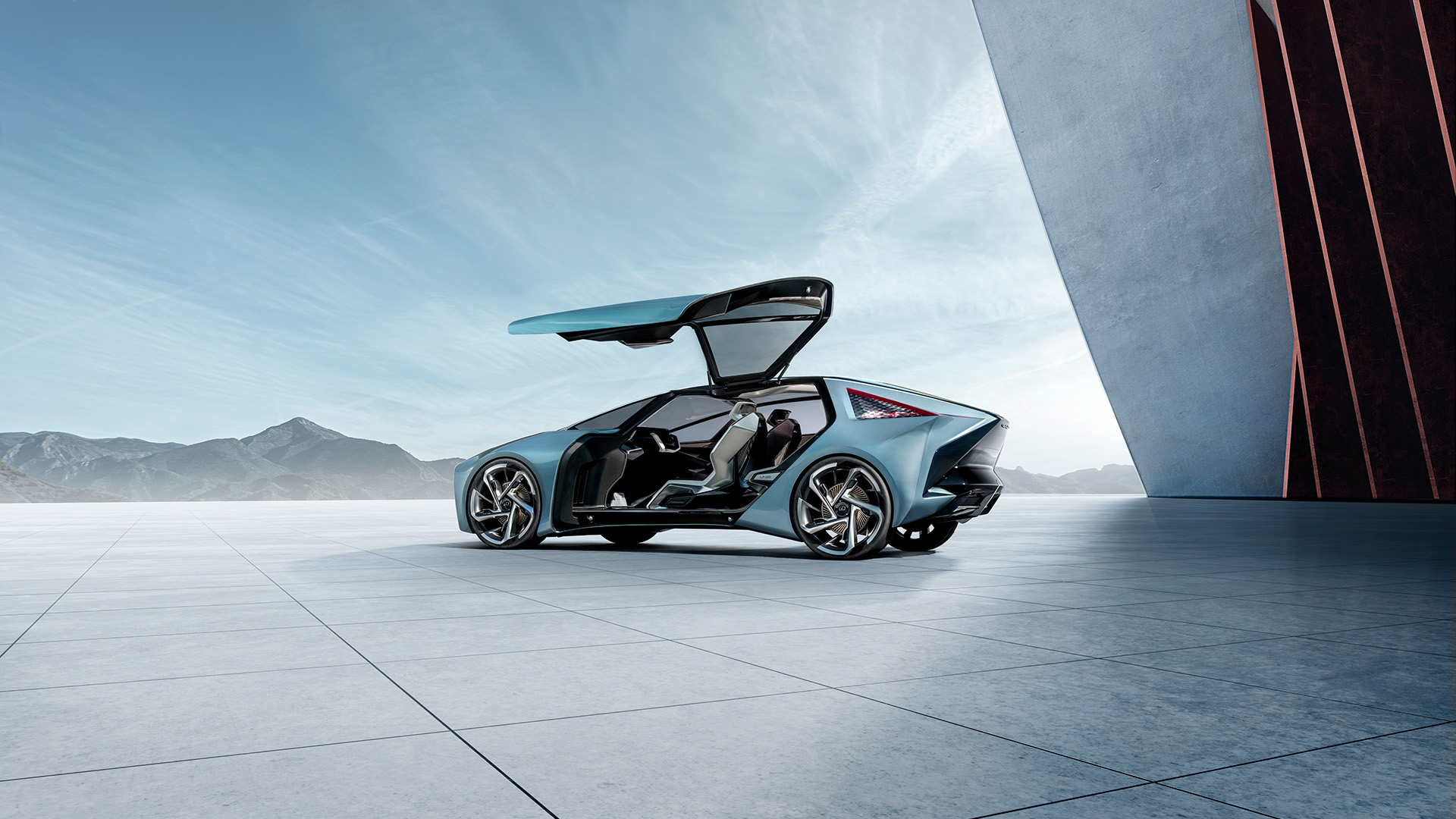 Lexus LF-30 Electrified Concept vehicle in blue parked in front of an architectural building