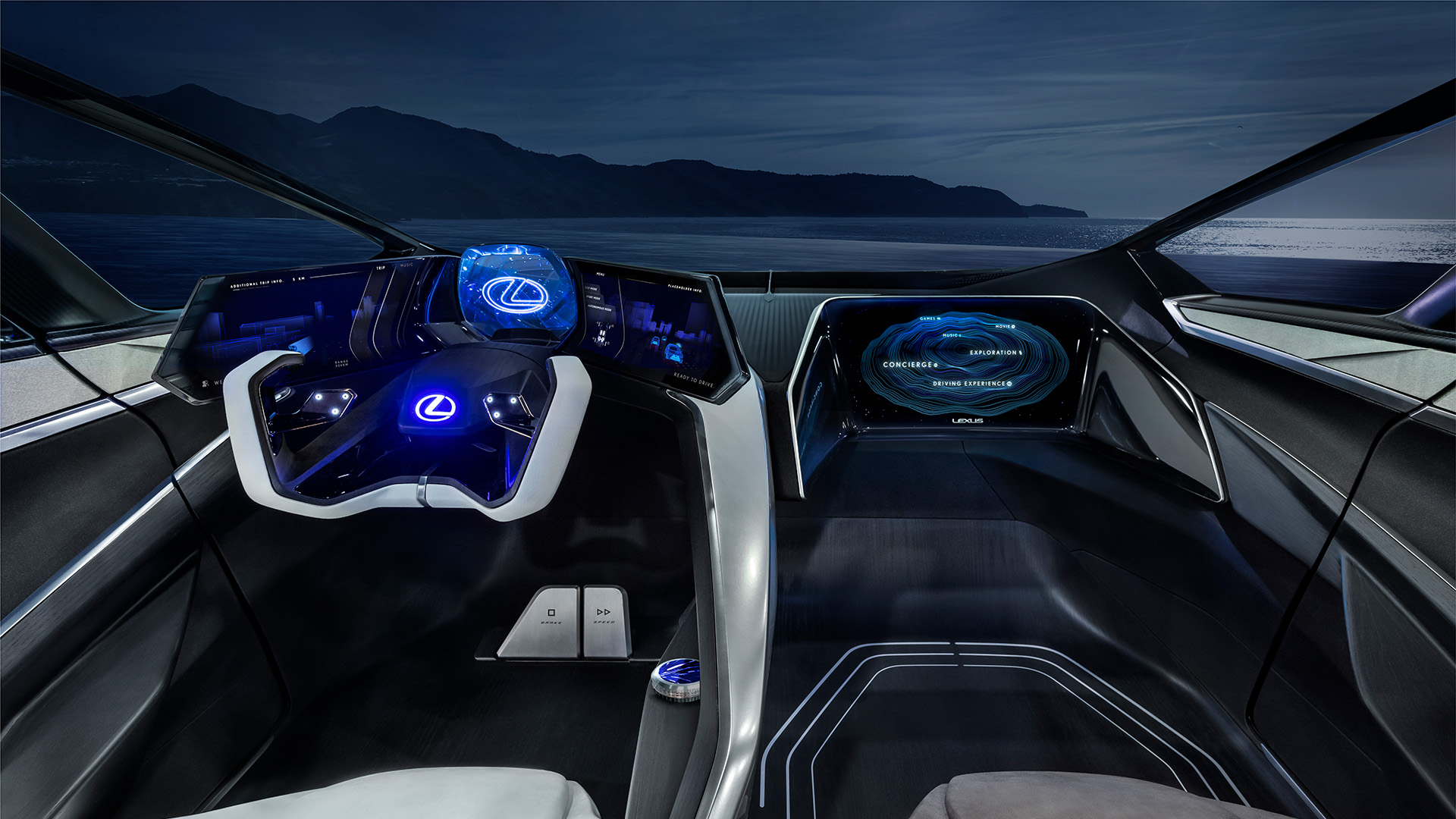 The interior cabin of the Lexus LF-30 Electrified Concept vehicle with illuminated blue light.