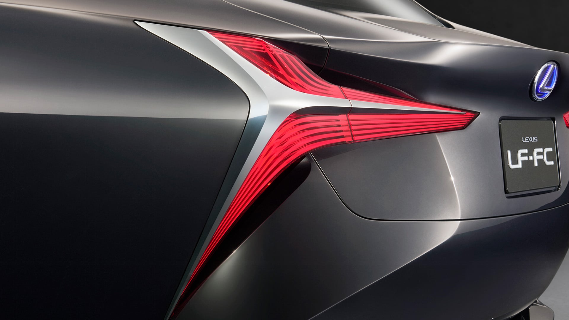 Back detail of the rear light on a black Lexus LF-FC concept vehicle