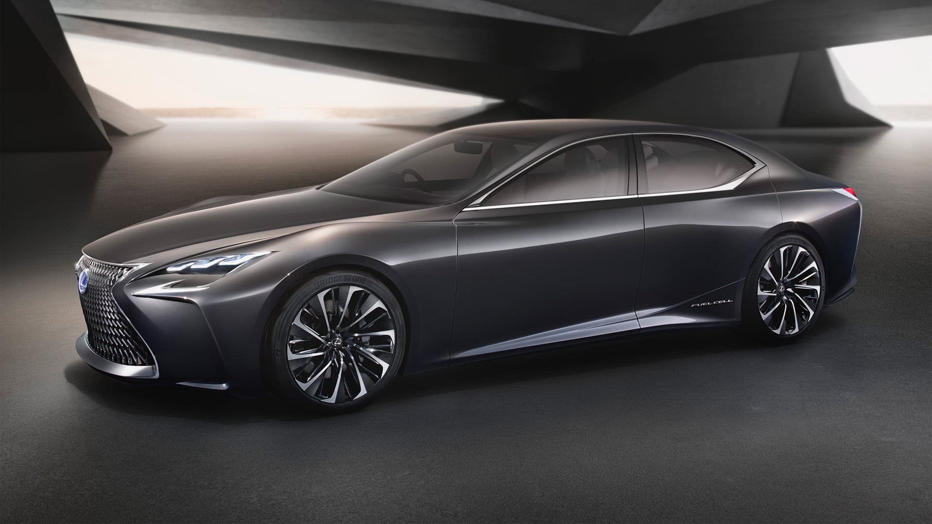Side profile view of a black Lexus LF-FC concept vehicle