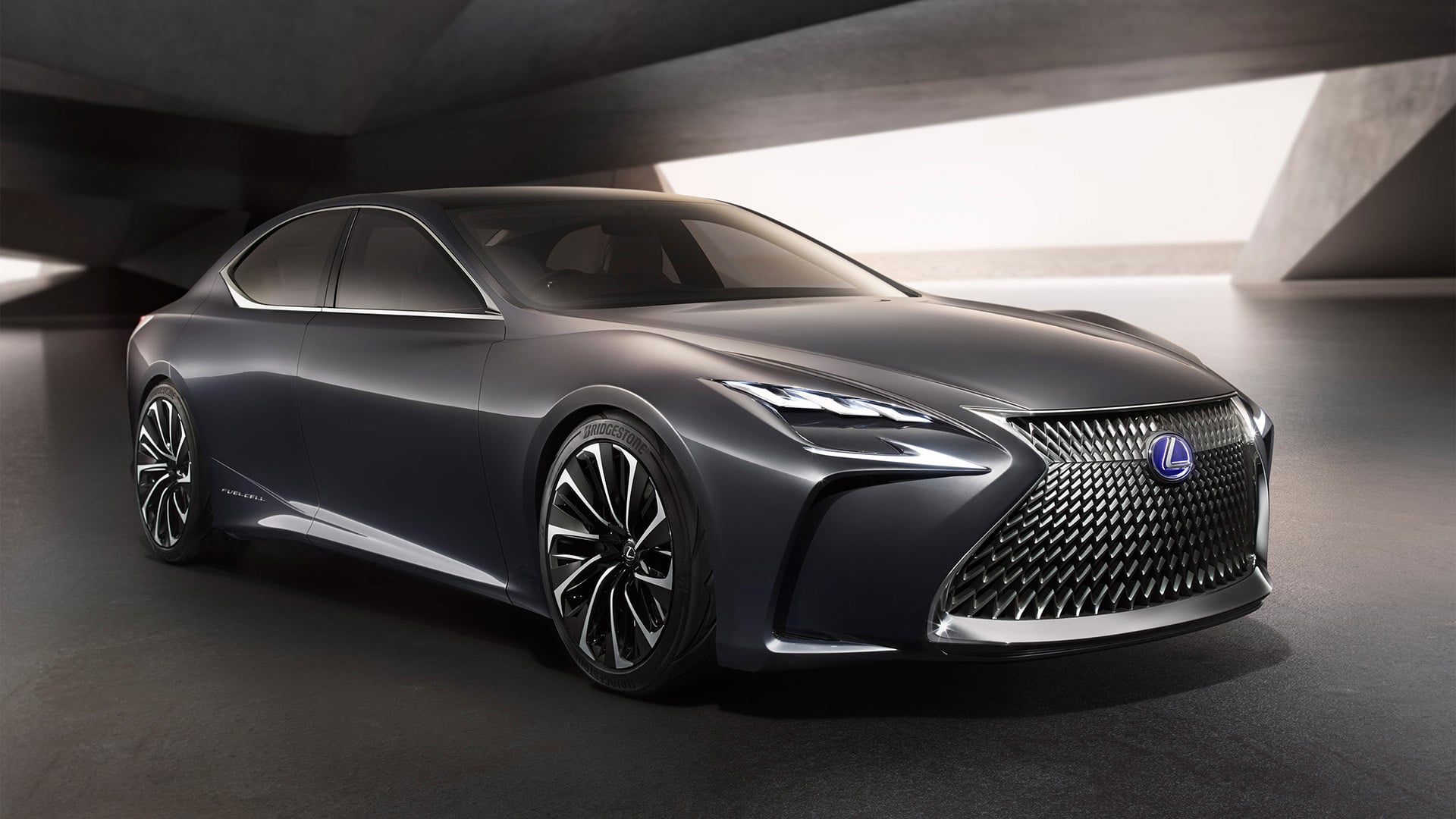 Side profile view of a black Lexus LF-FC concept vehicle