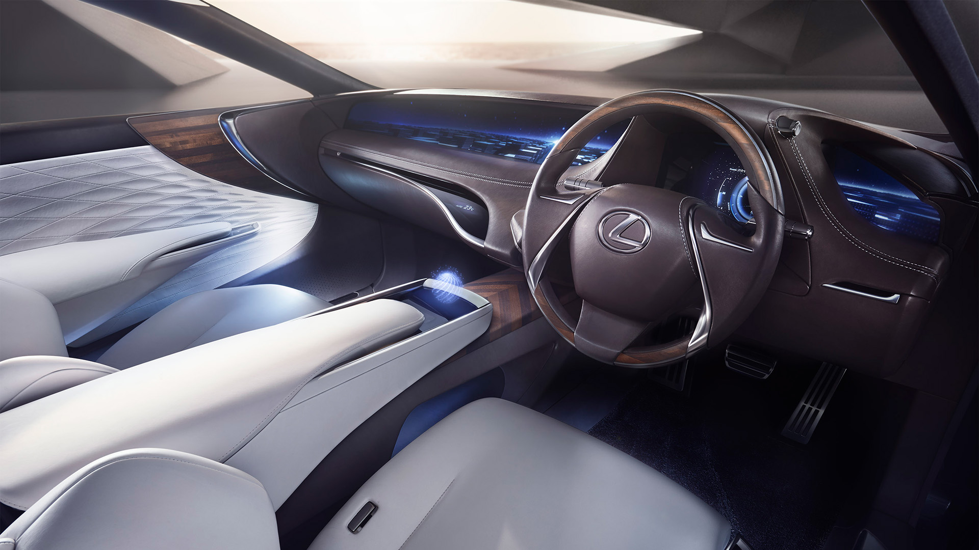 Interior cabin of the Lexus LF-FC concept vehicle with white leather seats