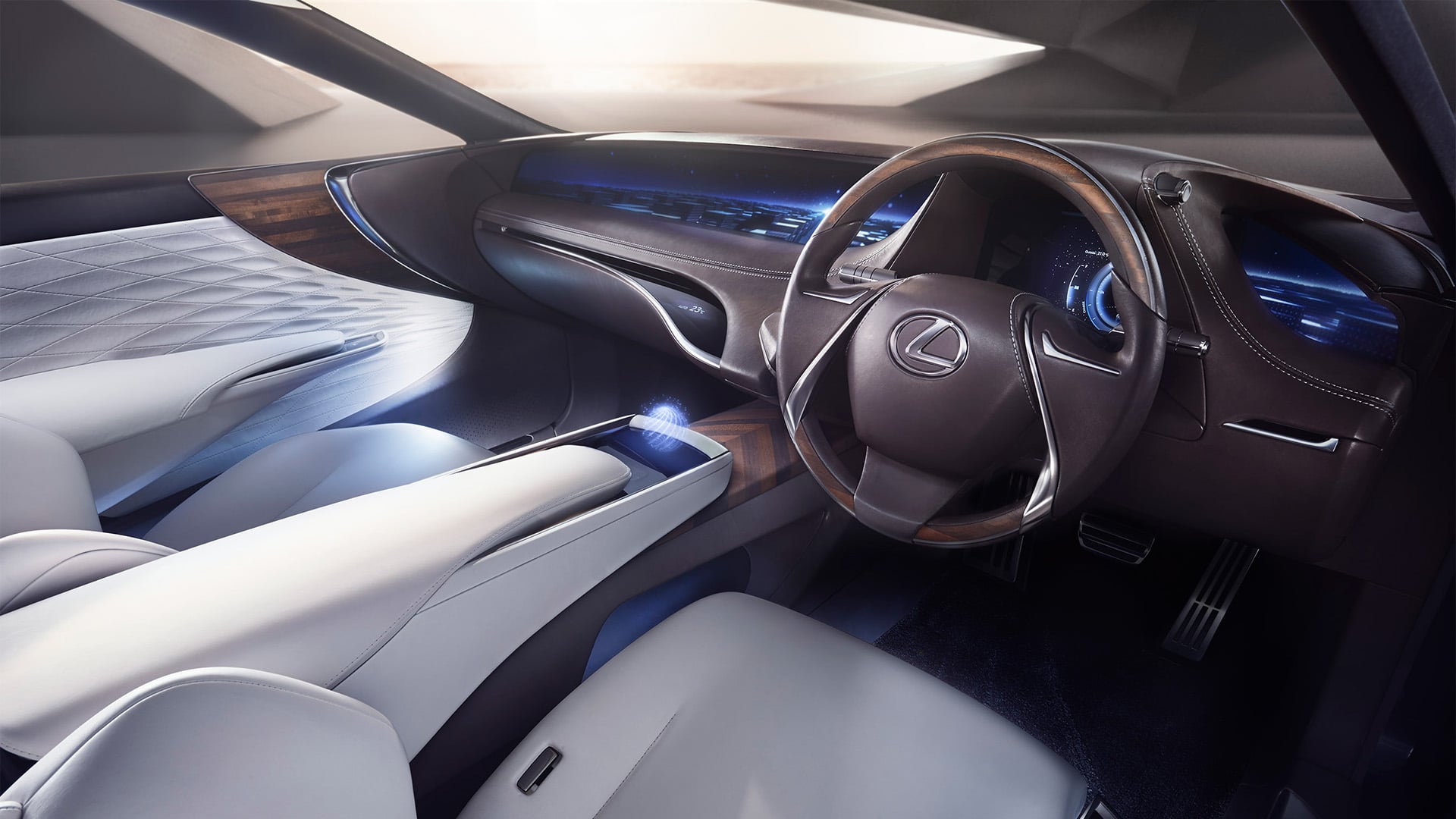Interior cabin of the Lexus LF-FC concept vehicle with white leather seats