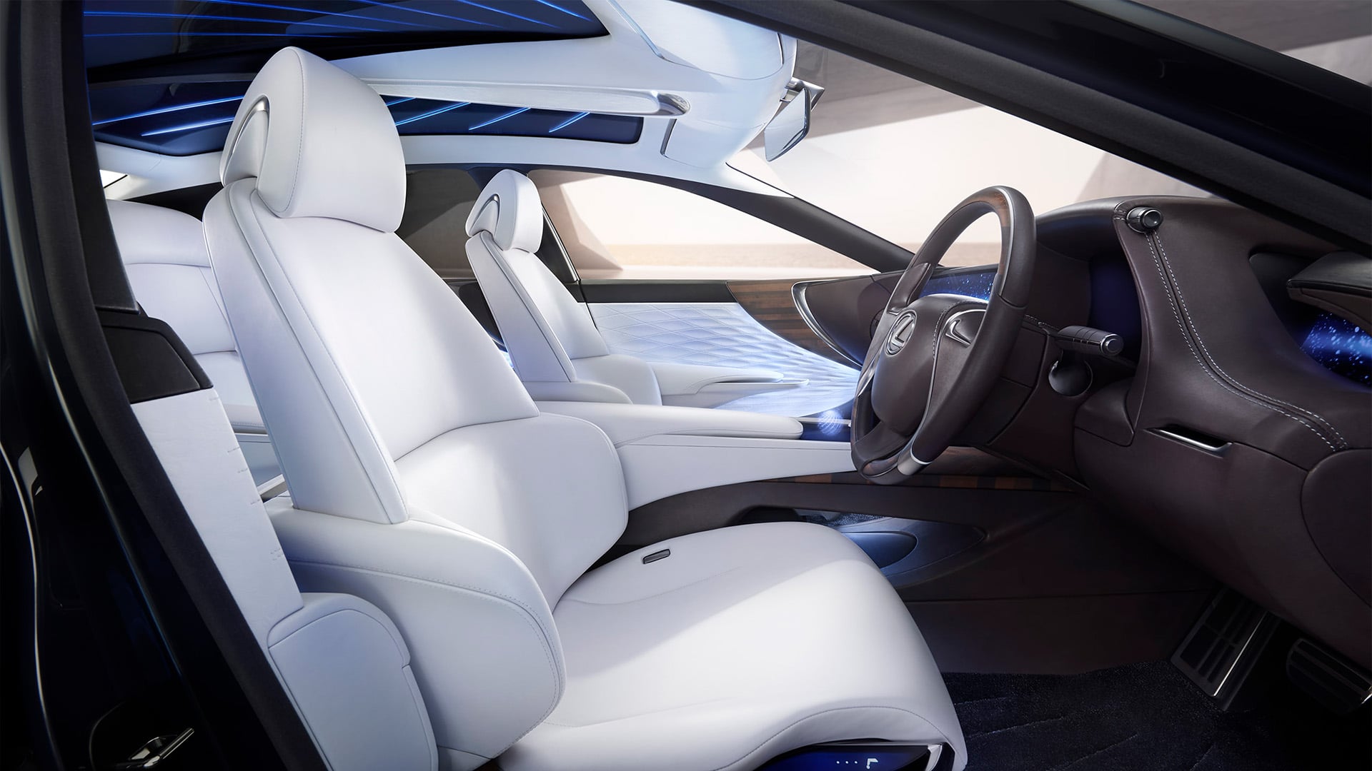 Interior cabin of the Lexus LF-FC concept vehicle with white leather seats
