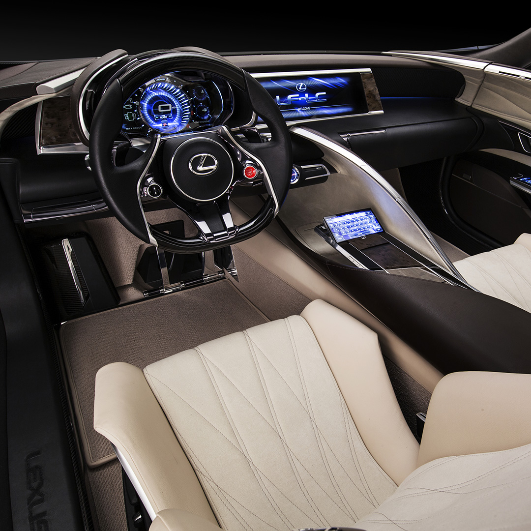 Interior cabin of the Lexus LF-LC Blue concept vehicle with white leather seats