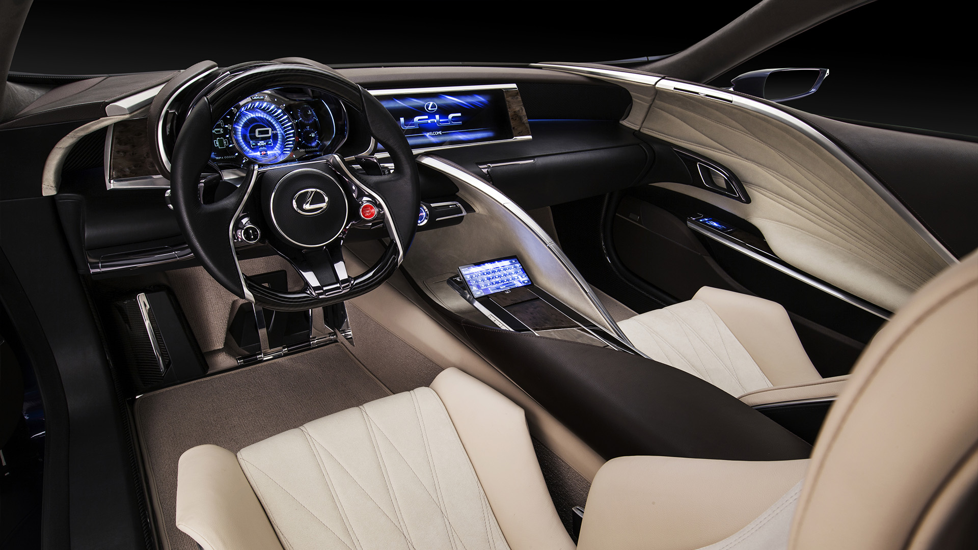 Interior cabin of the Lexus LF-LC Blue concept vehicle with tan leather seats