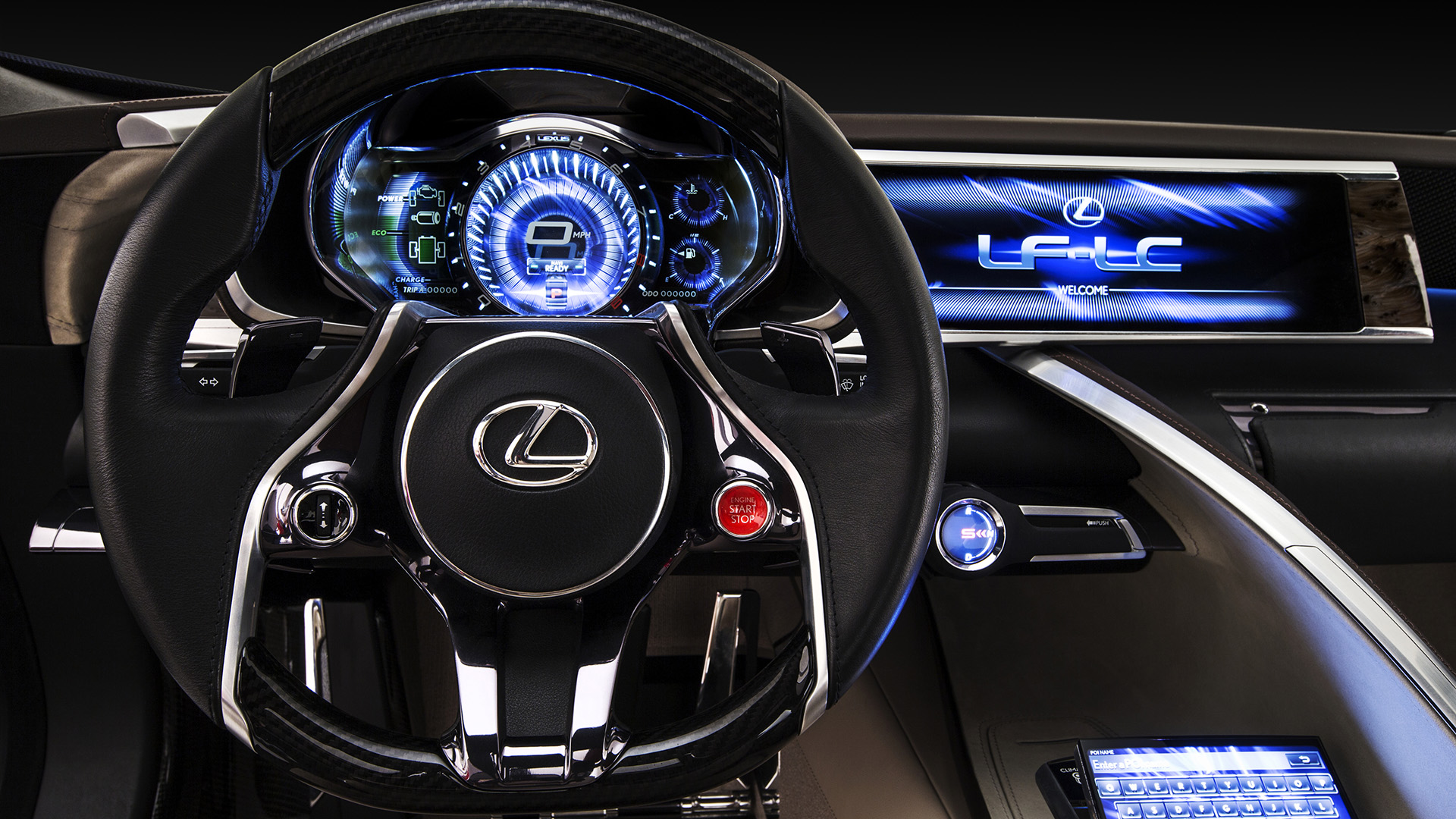 Steering wheel inside the Lexus LF-LC Blue concept vehicle with blue illumination