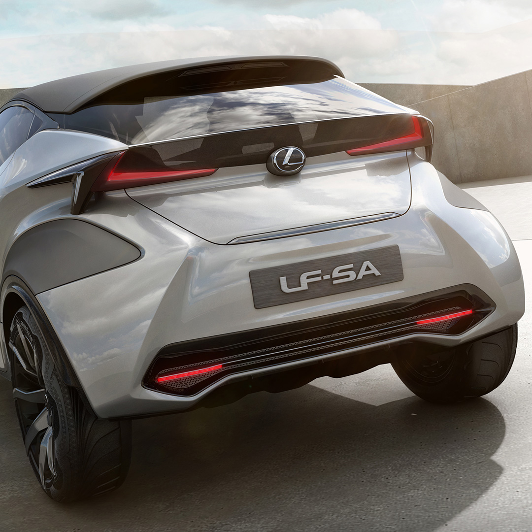 Rear view of a silver Lexus LF-SA concept vehicle