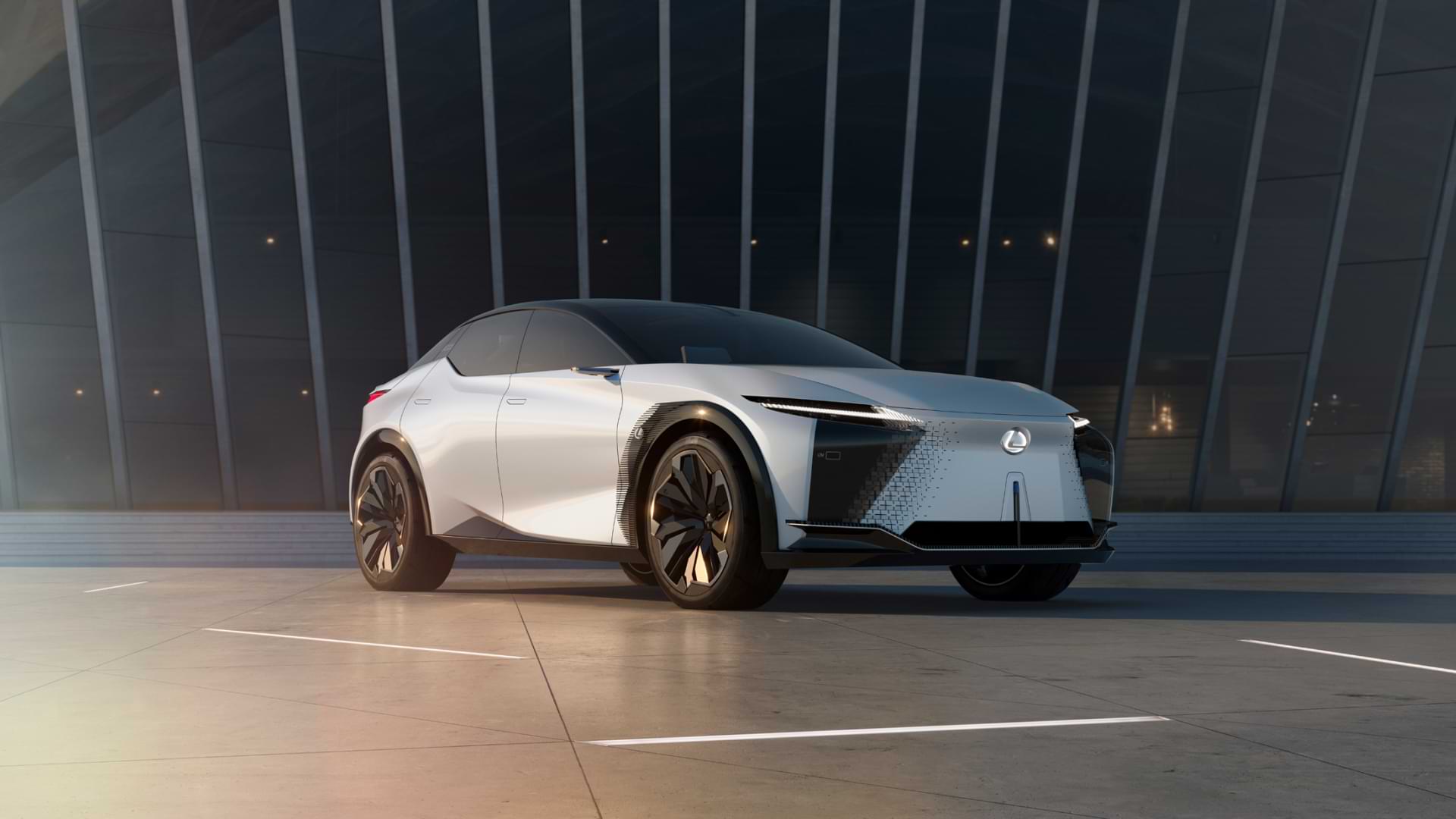 Silver Lexus LF-Z Electrified concept vehicle parked on a driveway