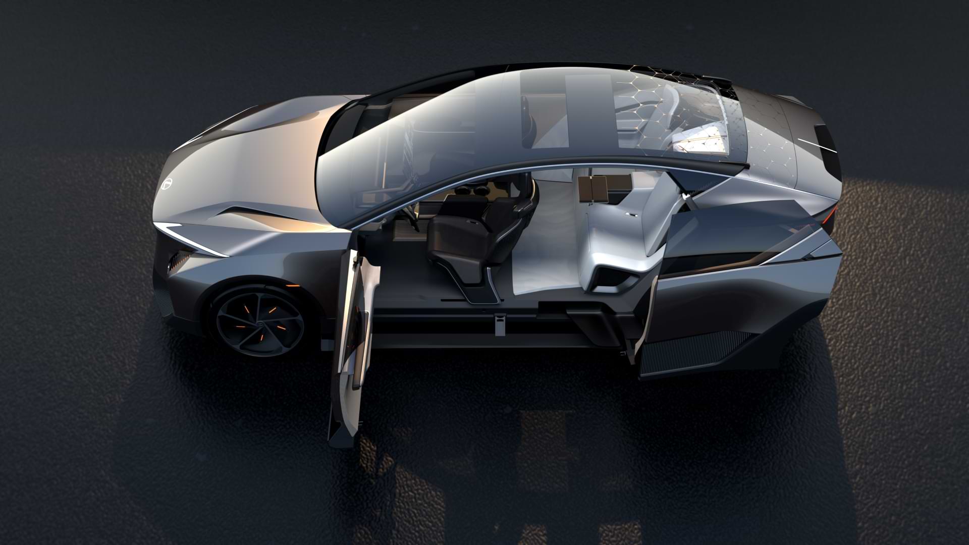 Side top profile of the Lexus LF-ZL concept vehicle with the passenger doors open, dark grey