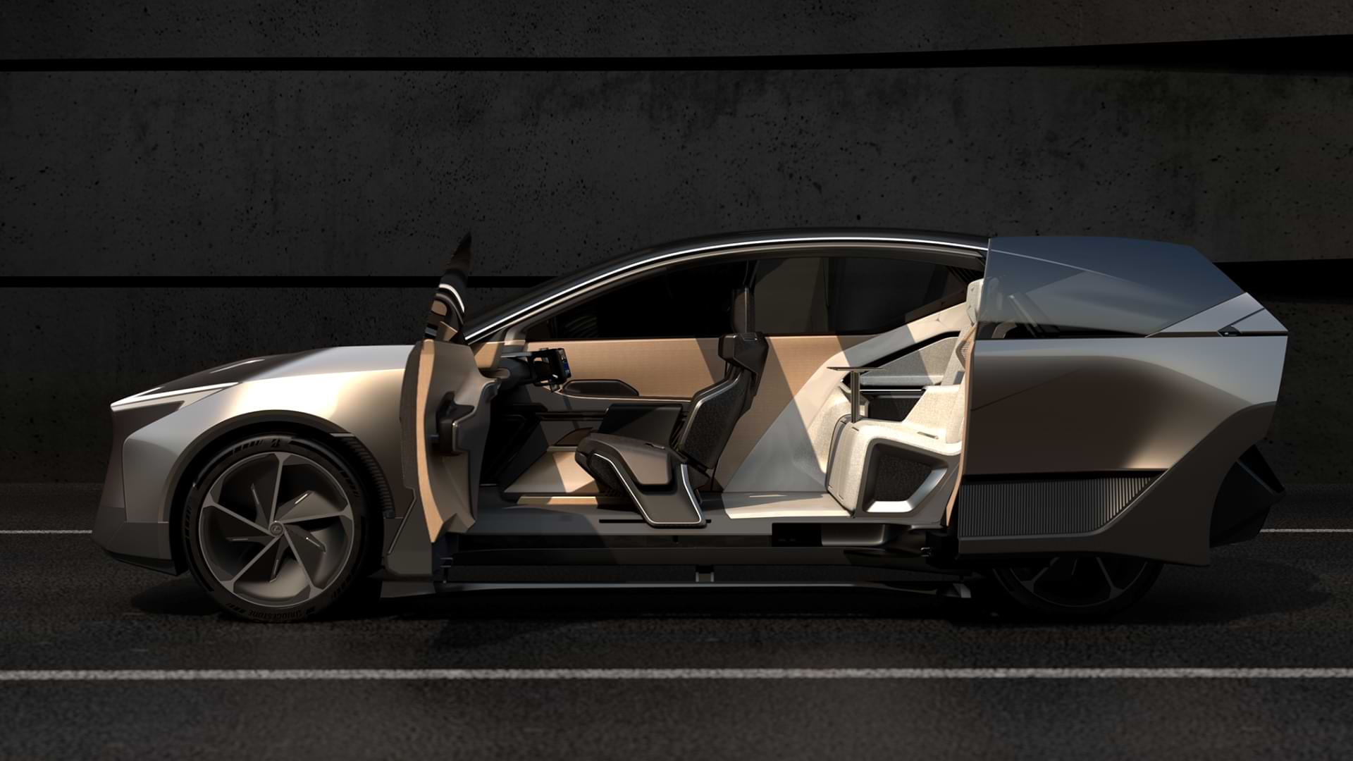 Side profile of the Lexus LF-ZL concept vehicle with the passenger doors open