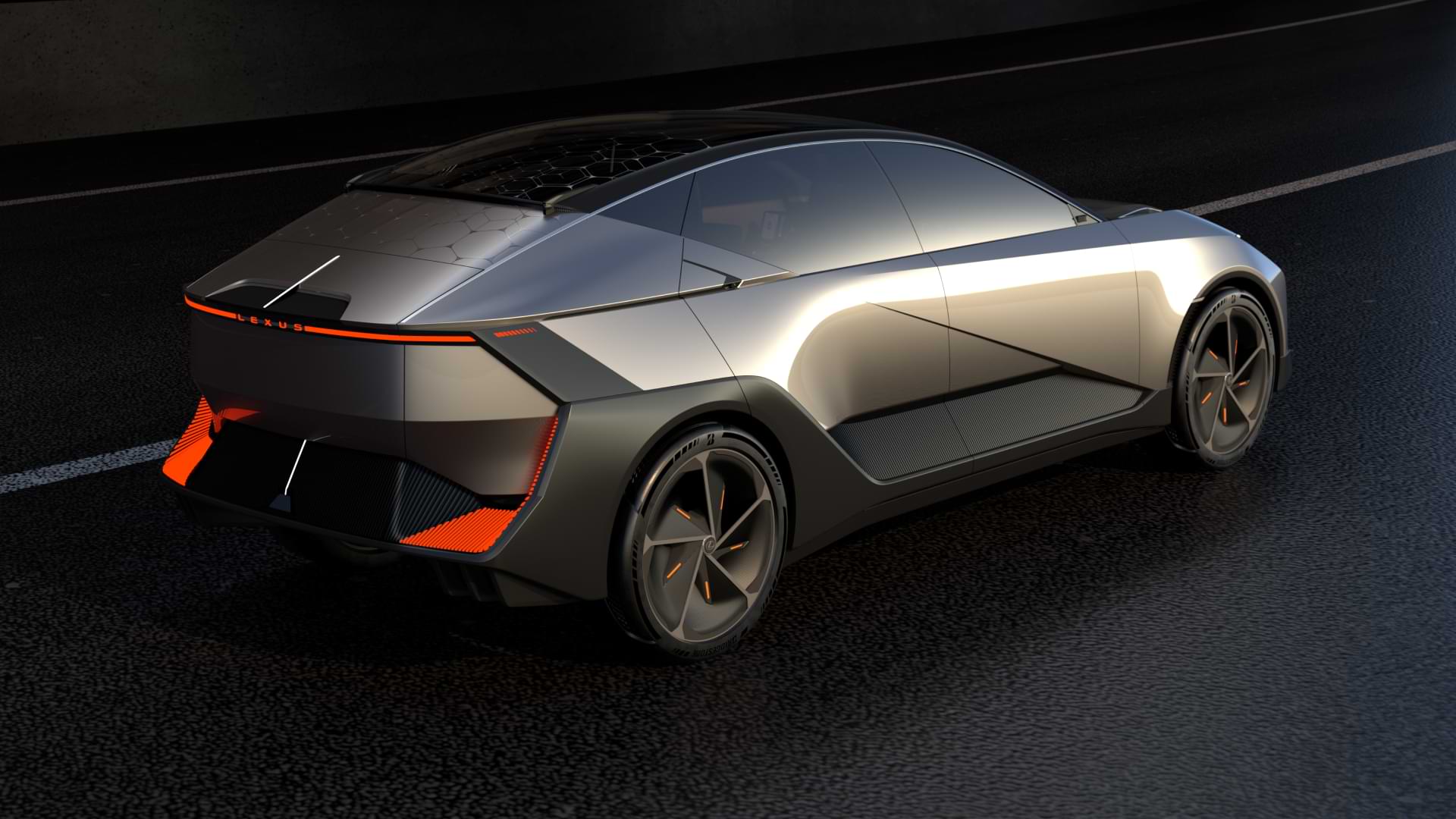 Rear view of the Lexus LF-ZL concept vehicle, dark grey