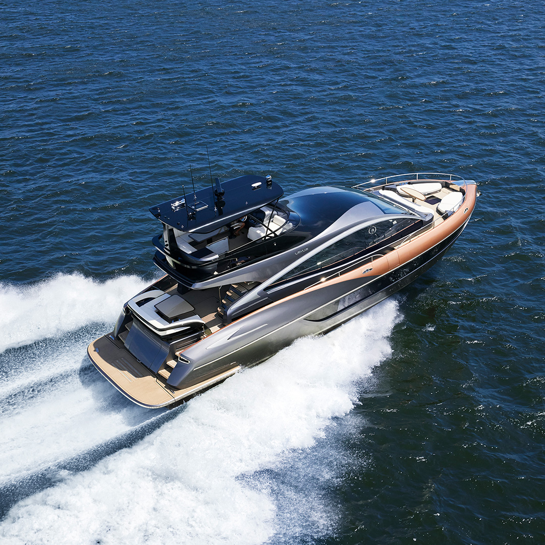 Aerial view of the Lexus LY 650 Yacht concept in copper, in motion in the sea