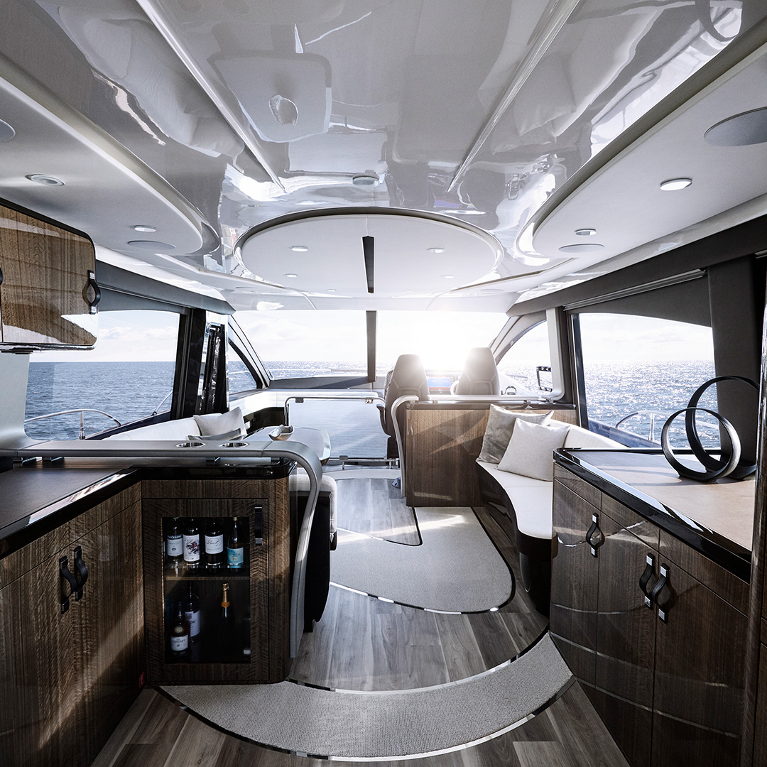 Interior view of the luxurious Lexus LY 650 yacht, featuring modern design, wood trim, and ocean views.