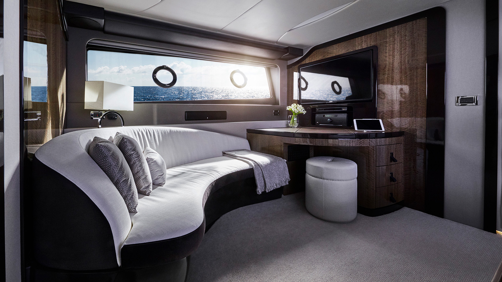 Lexus LY 650 Yacht concept's luxurious interior cabin with lounge, desk and television.
