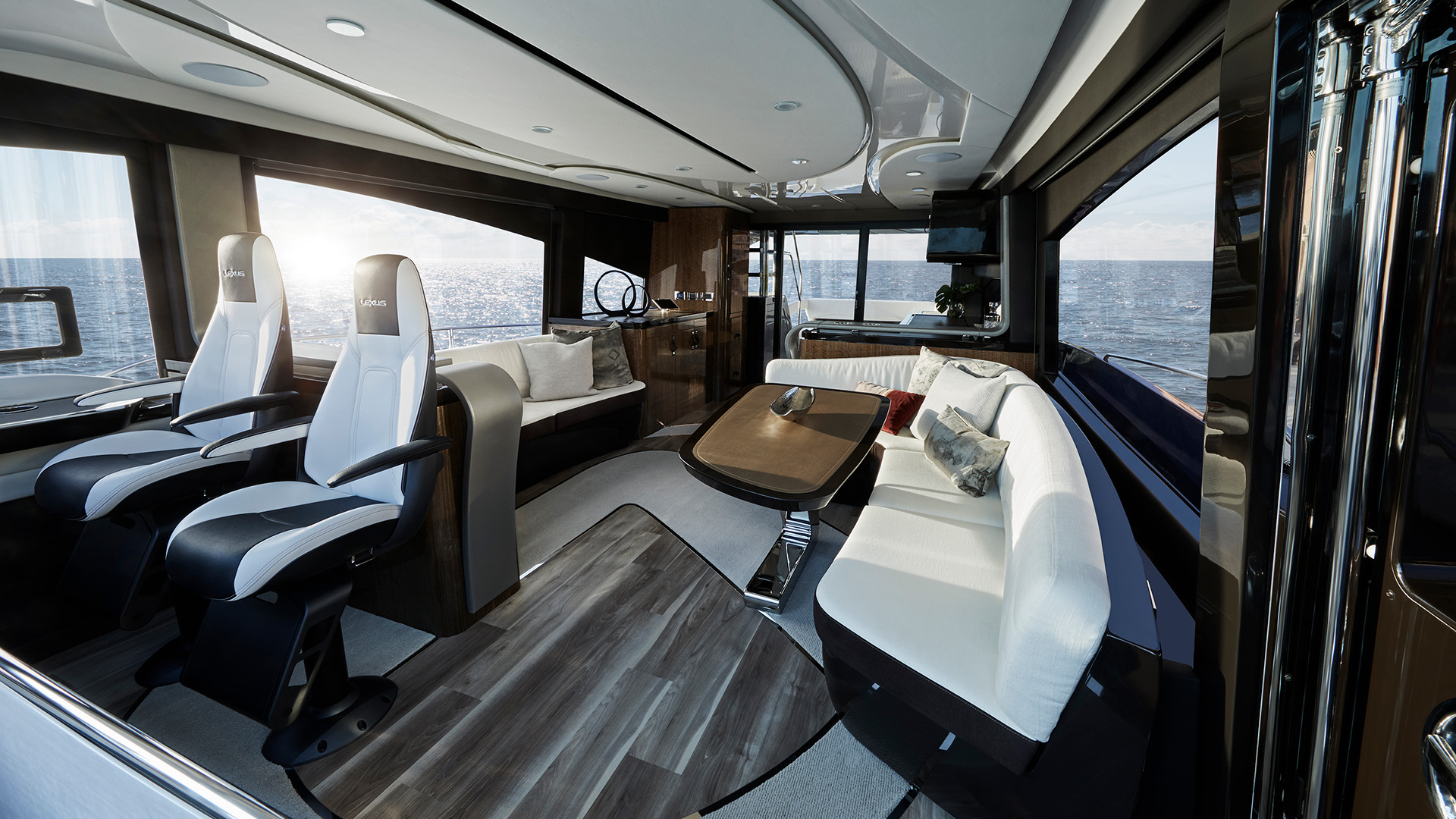 The Lexus LY 650 Yacht concept's interior drivers cockpit and cabin with ocean views