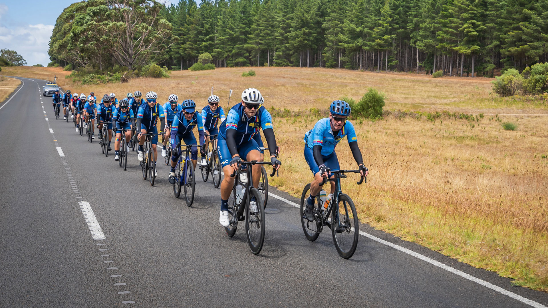 Cyclists ride along a scenic road for Lexus Tour de Cure