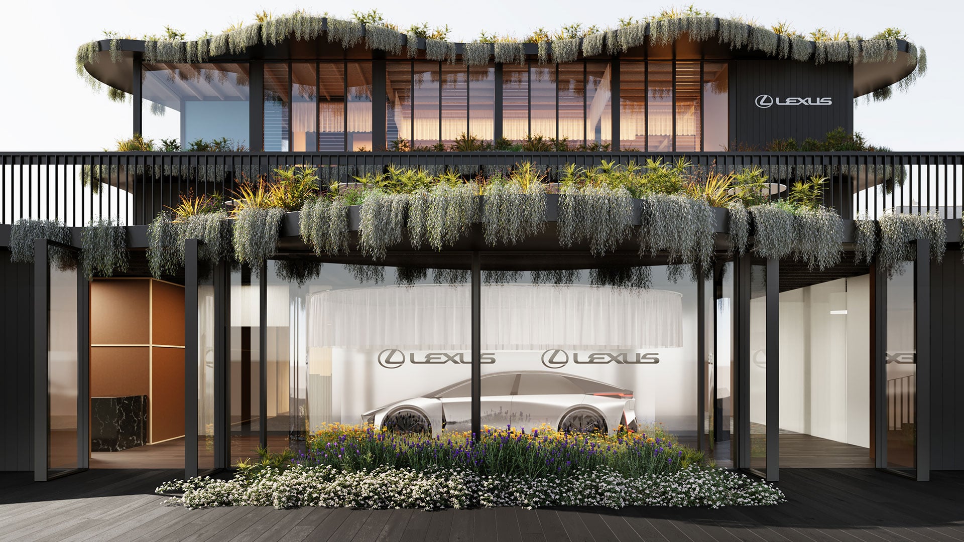 A rendering of the LANDMARK by Lexus pavilion with the LF-ZC