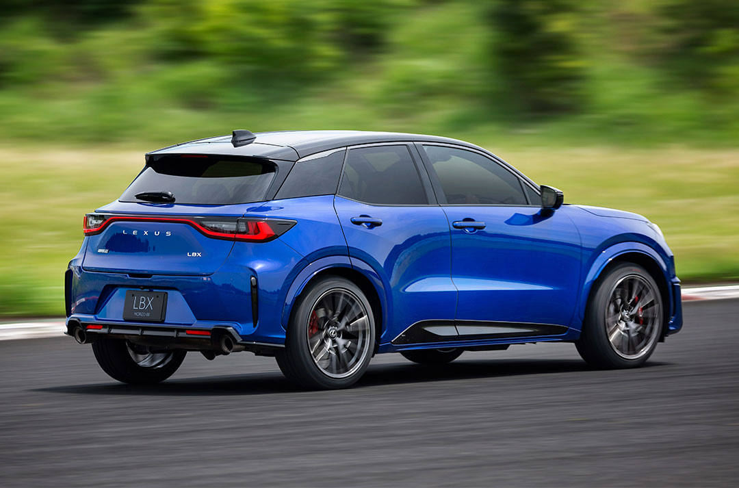 A blue Lexus LBX Morizo RR drives along a driving track