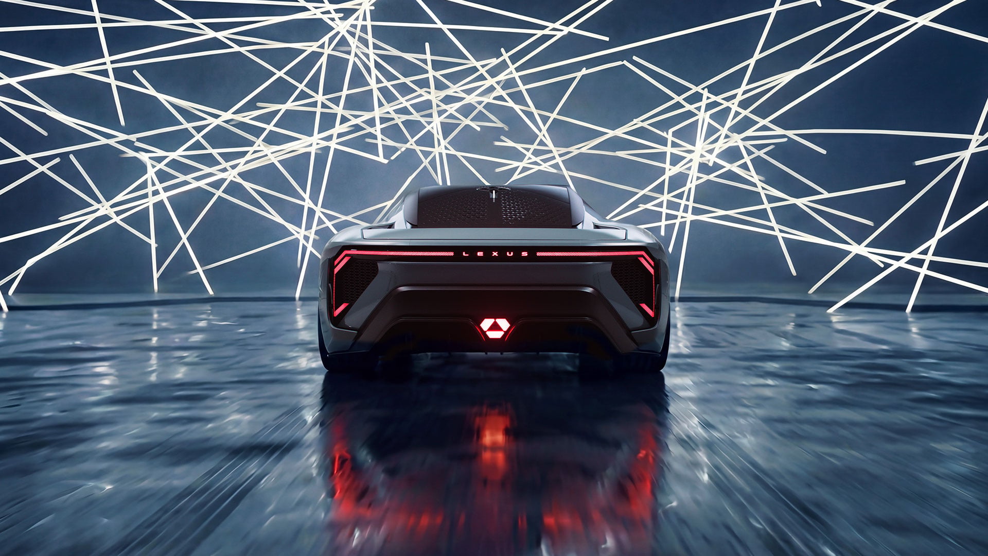 Rear view of the Lexus LFA Concept displayed beneath an abstract light installation