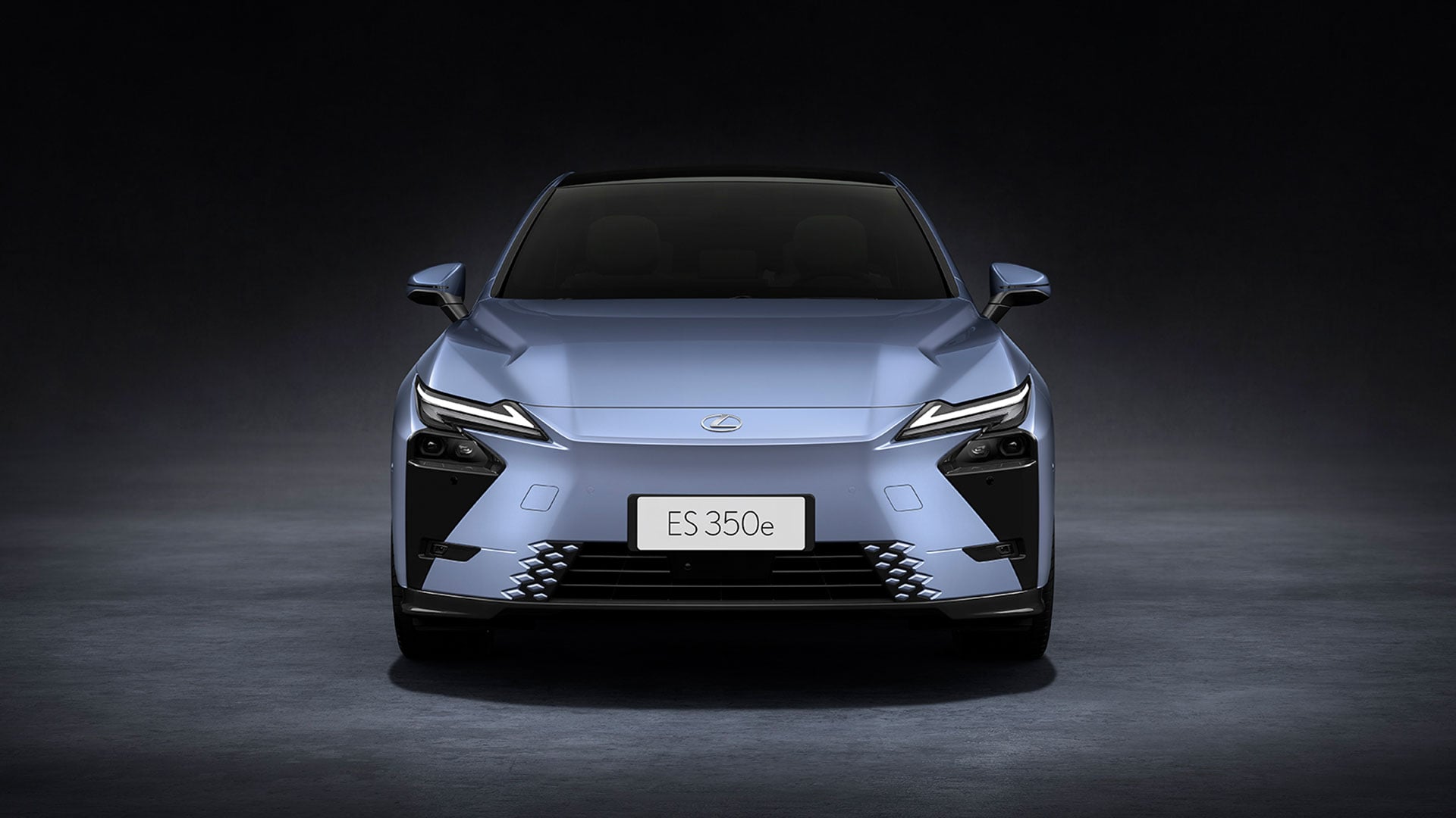 A front view of the light blue 2026 Lexus ES 350e all-electric sedan.